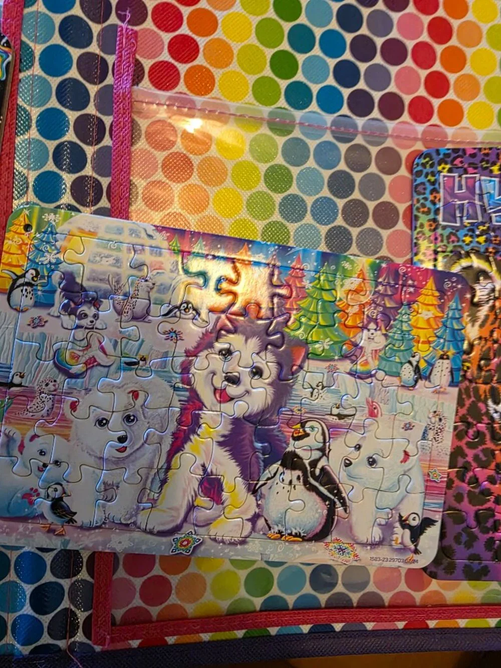 Lisa Frank Tikanni Puzzle Keeper Organizer Case w/ 3 Mini Puzzles Rainbow Husky